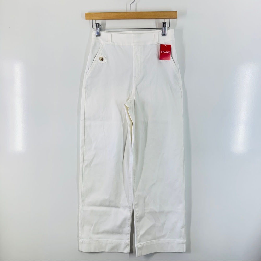 SPANX Women Stretch Twill Cropped Wide Leg Pants White High Rise Pull On Small - Picture 5 of 13